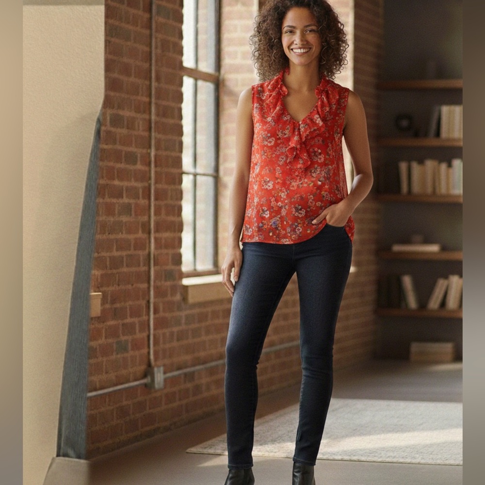 CAbi Vibrant Red Sheer Floral Blouse